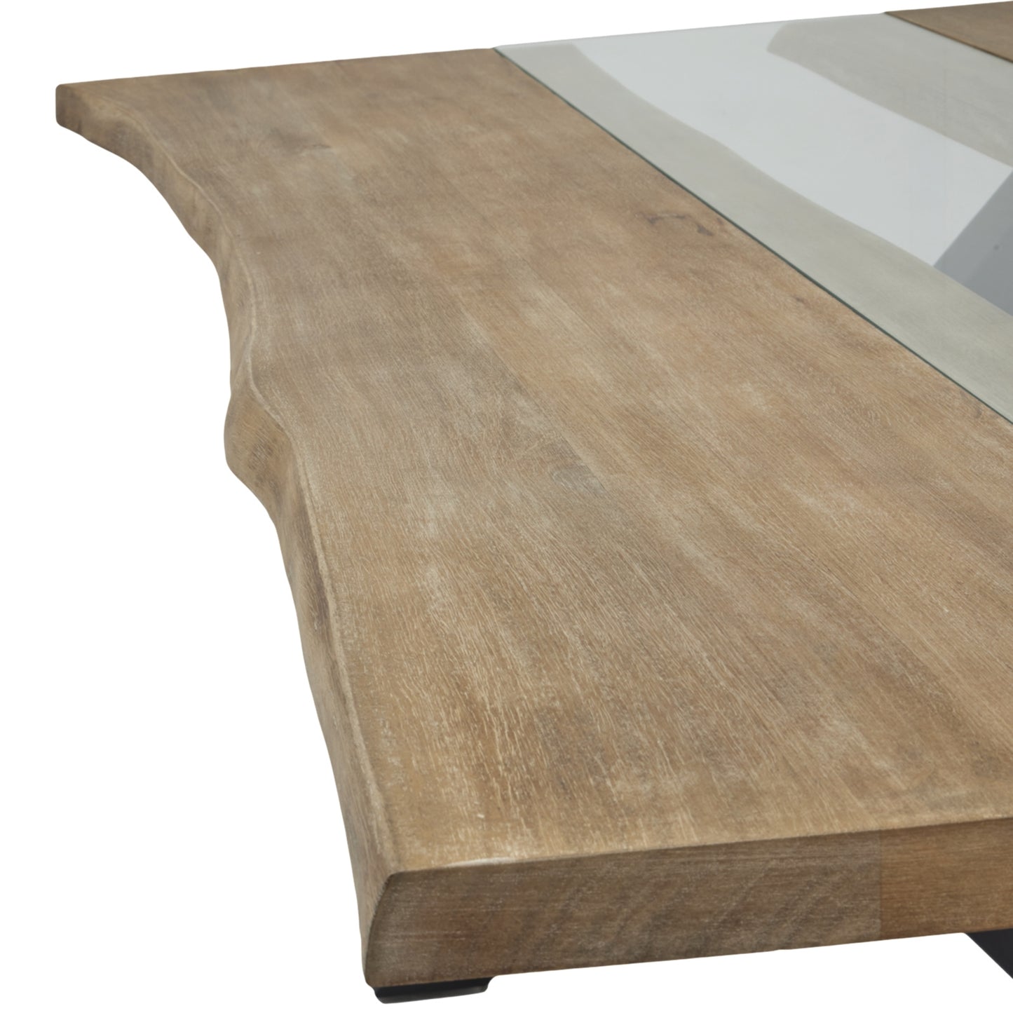 Dine and Dwell live edge acacia river dining table with brown wood and glass top, featuring a natural wood finish and sleek design.
