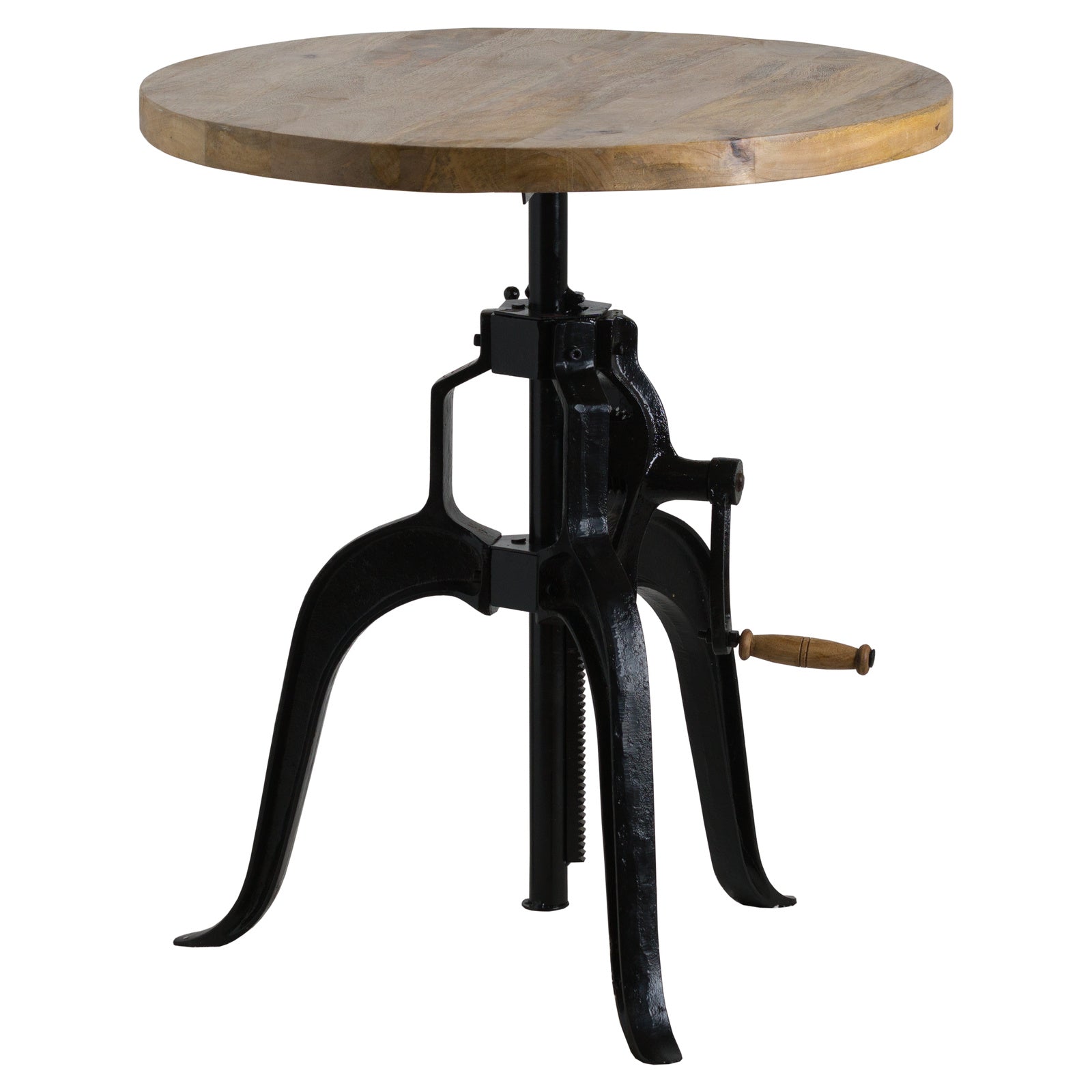 Dine and Dwell Norwich adjustable draftsman bar table with round brown wood top and black metal base, ideal for modern island spaces.