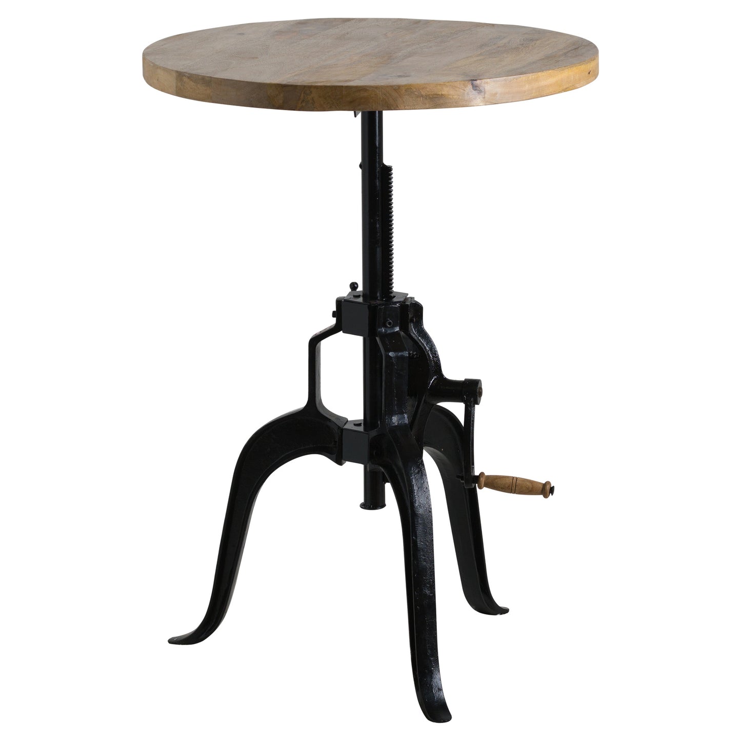 Dine and Dwell Norwich adjustable draftsman bar table with round brown wood top and black metal base, ideal for modern island settings.