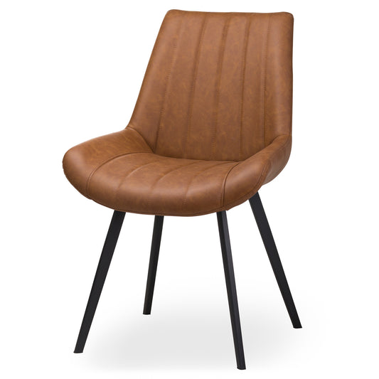 Wareham tan faux leather dining chair with channel stitching and black metal legs by Dine and Dwell.