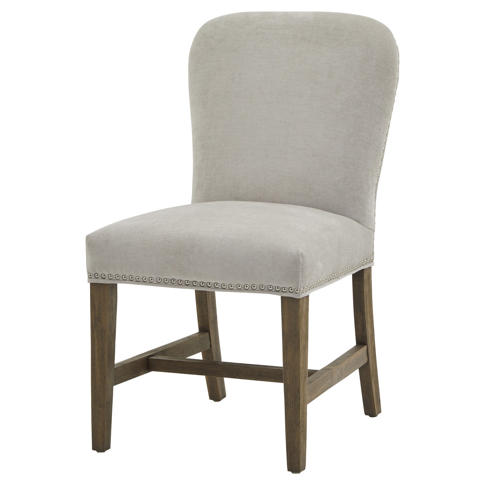 Winchester grey upholstered dining chair with oak frame and brass studding, modern Dine and Dwell dining room seating.