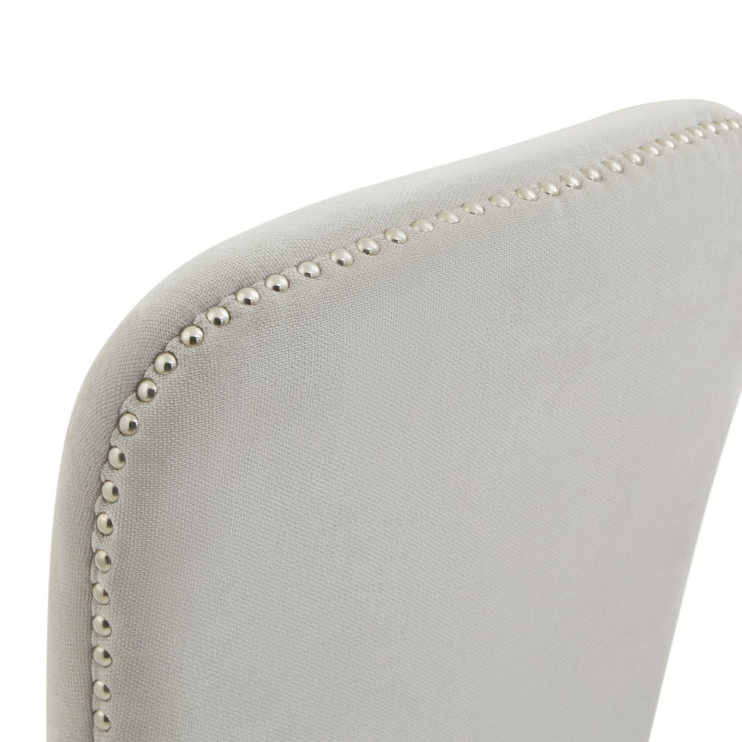 Winchester grey upholstered dining chair with oak frame and brass studding, stylish Dine and Dwell dining room seating