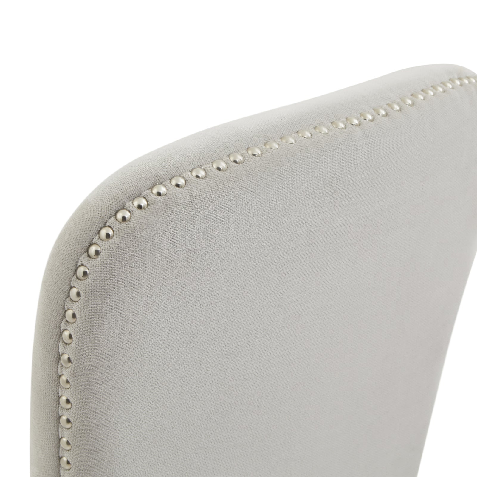 Winchester grey upholstered dining chair with oak frame and brass studding, stylish Dine and Dwell dining room seating