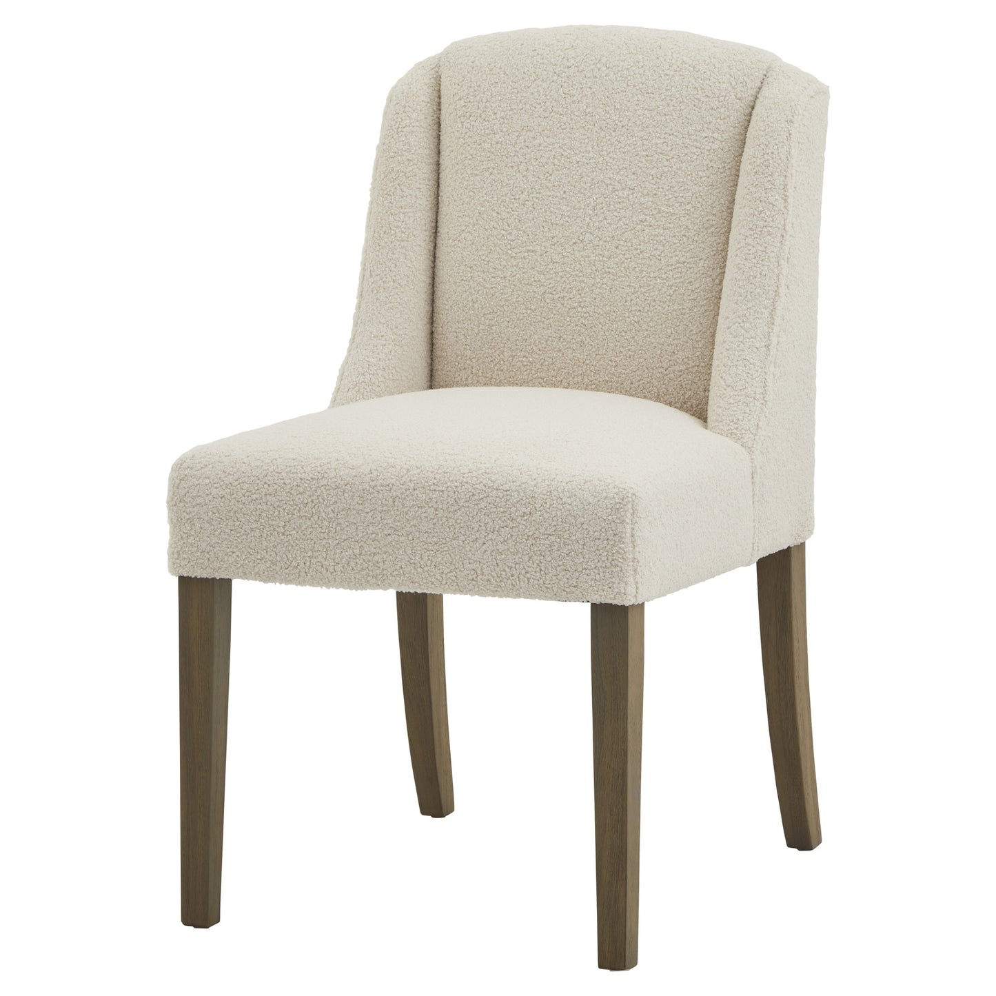 Cream upholstered Dine and Dwell Bristol Boucle dining chair with wooden legs, stylish and comfortable for dining spaces.