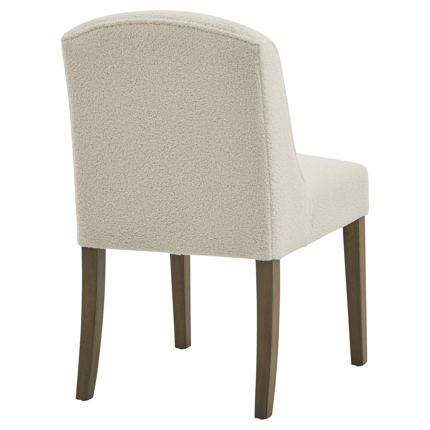 Cream upholstered Dine and Dwell Bristol Boucle dining chair with wooden legs, showcasing a stylish and comfortable dining room seat.
