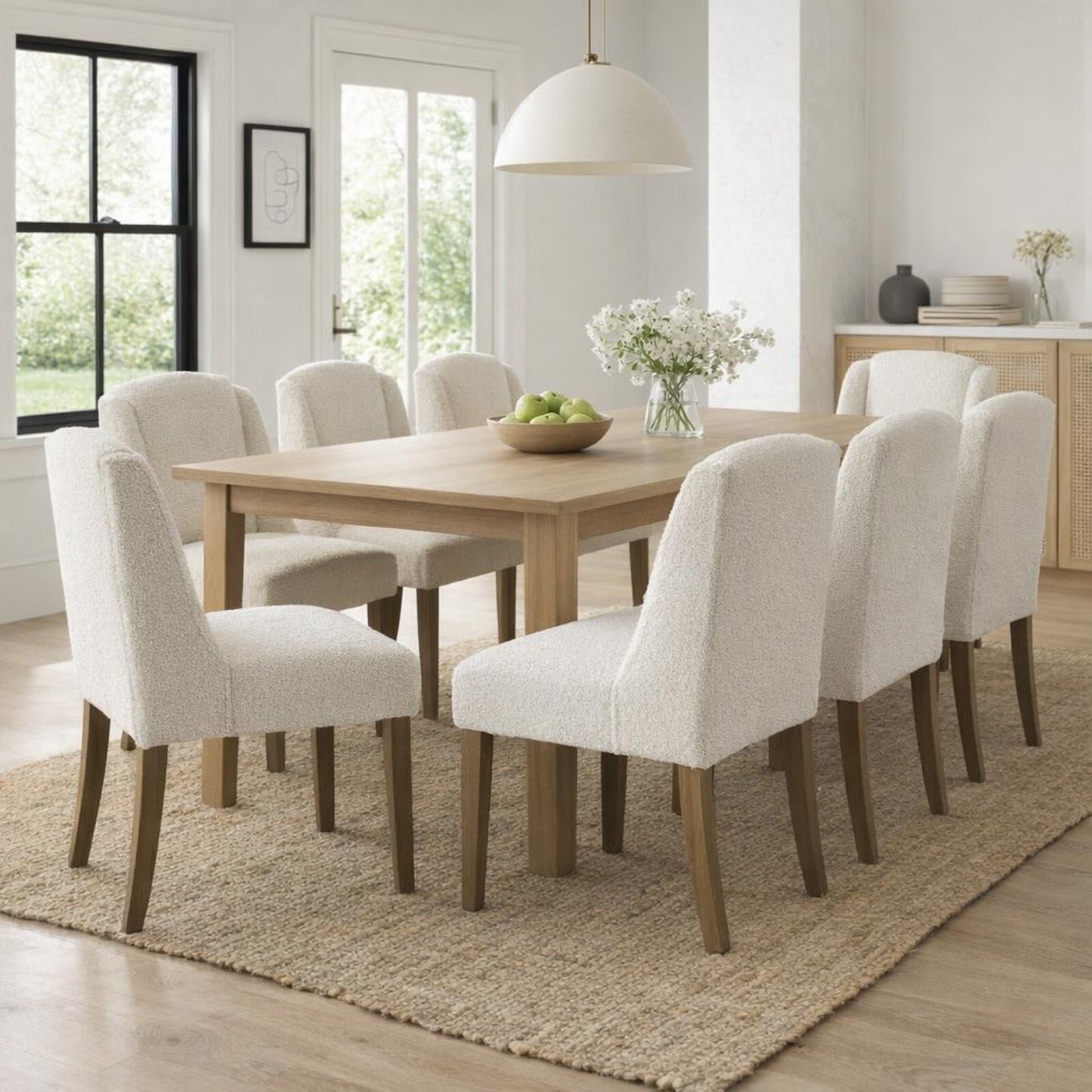 Cream upholstered Dine and Dwell Bristol Boucle Dining Chair with wooden legs, featuring a plush fabric and contemporary design.