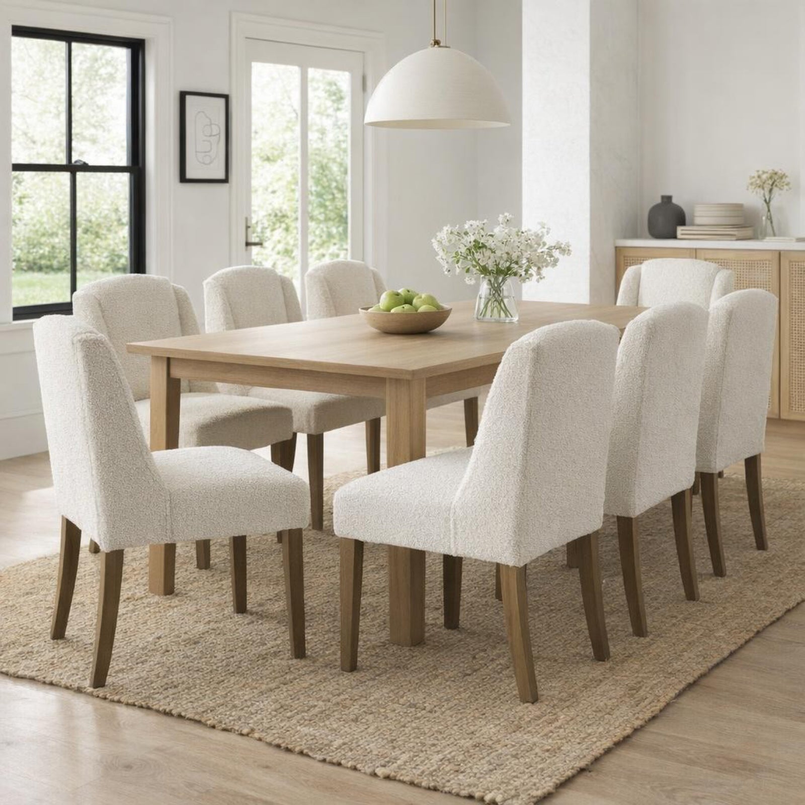 Cream upholstered Dine and Dwell Bristol Boucle Dining Chair with wooden legs, featuring a plush fabric and contemporary design.