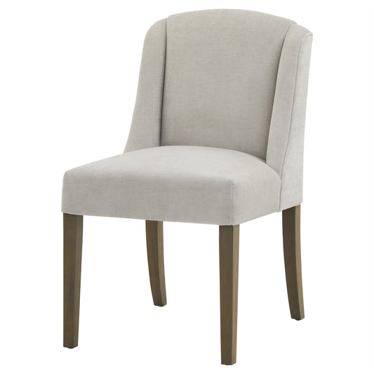 Grey upholstered Dine and Dwell Bristol dining chair with wooden legs, showcasing a comfortable fabric seat and modern design