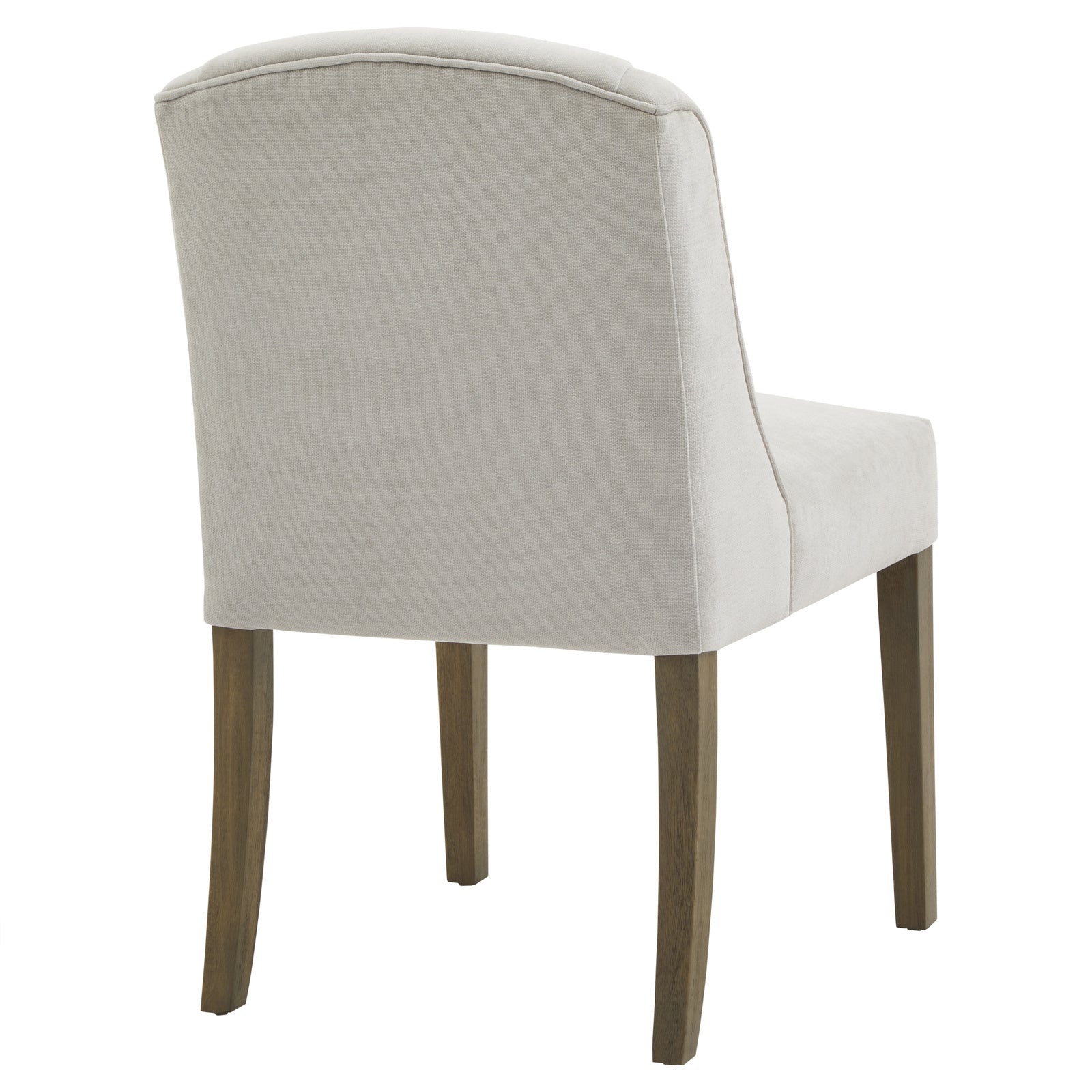 Grey upholstered Dine and Dwell Bristol dining chair with wooden legs, showcasing a comfortable, modern design.