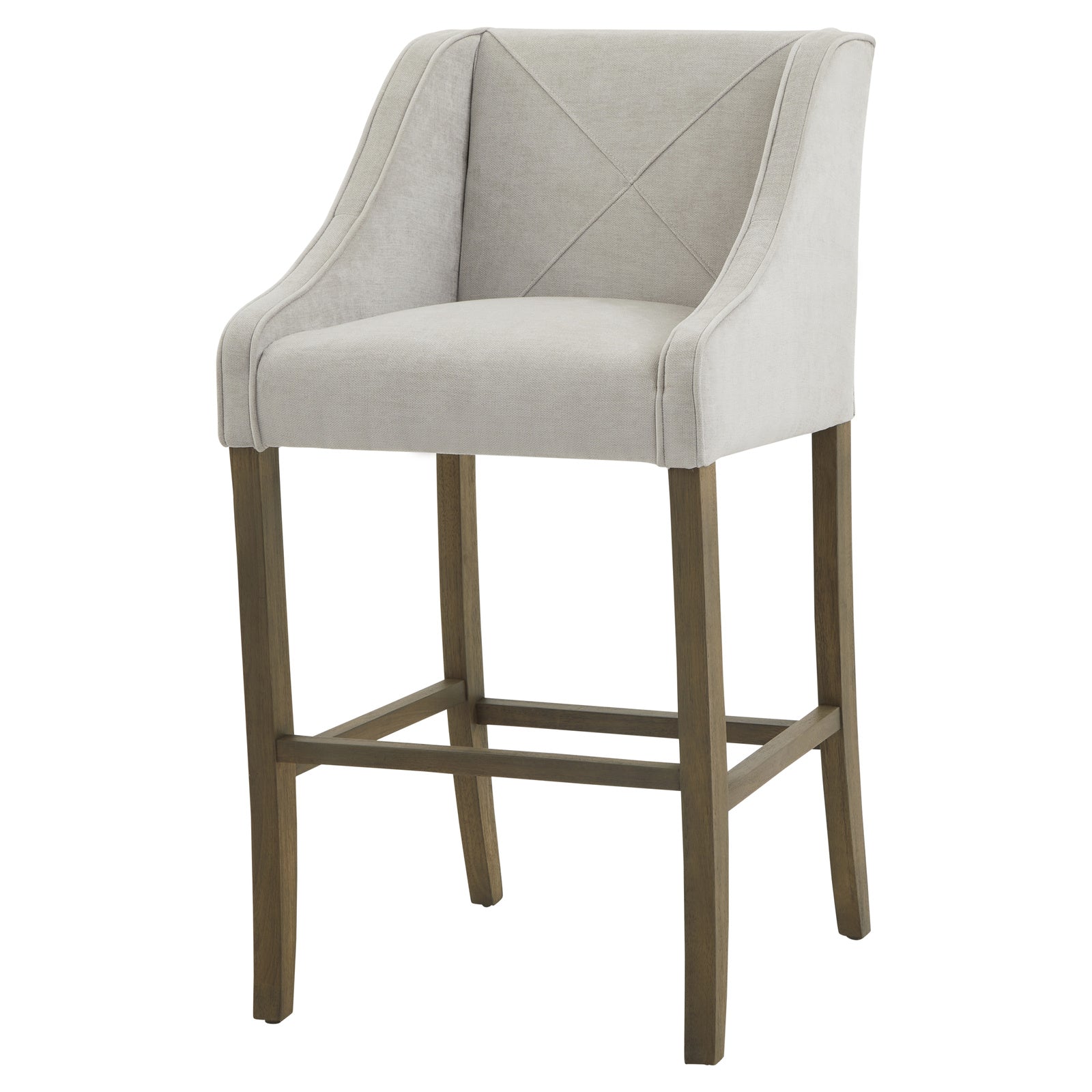 Grey upholstered Dine and Dwell Liverpool bar stool with fabric seat and wooden legs, modern design for kitchen or bar area.