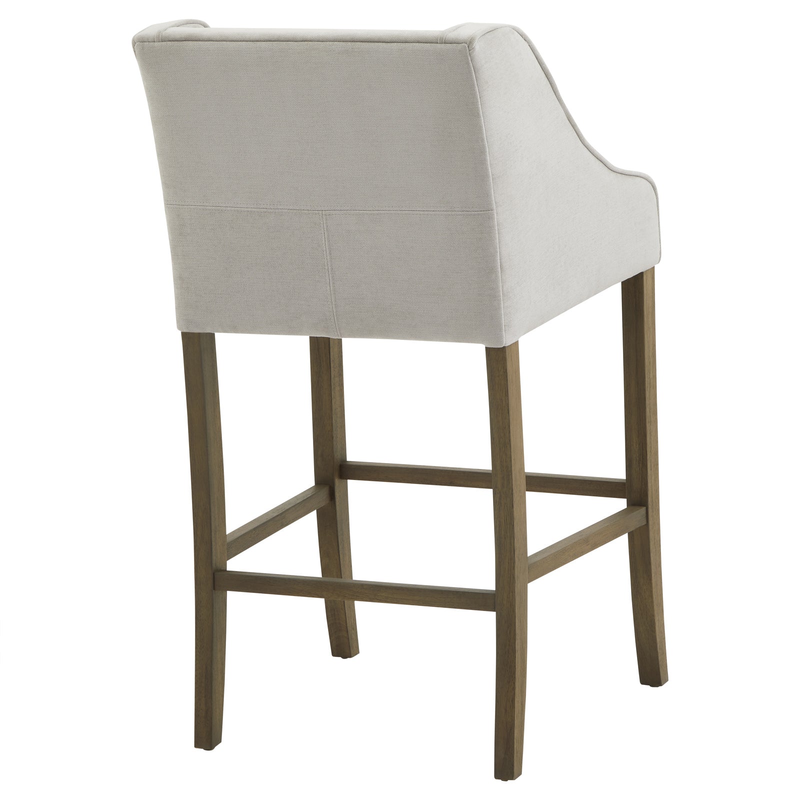 Dine and Dwell Liverpool grey upholstered fabric and wood bar stool with cushioned seat and modern design.