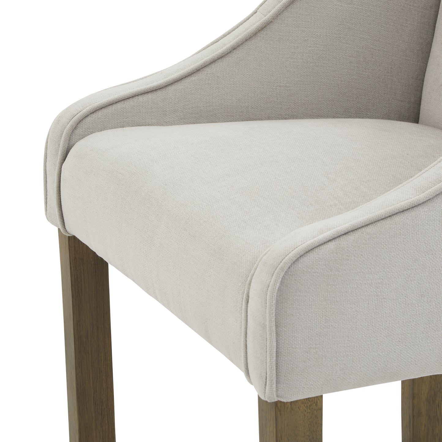 Grey upholstered Dine and Dwell Liverpool bar stool with fabric seat and wooden legs, modern design for kitchen or bar area.