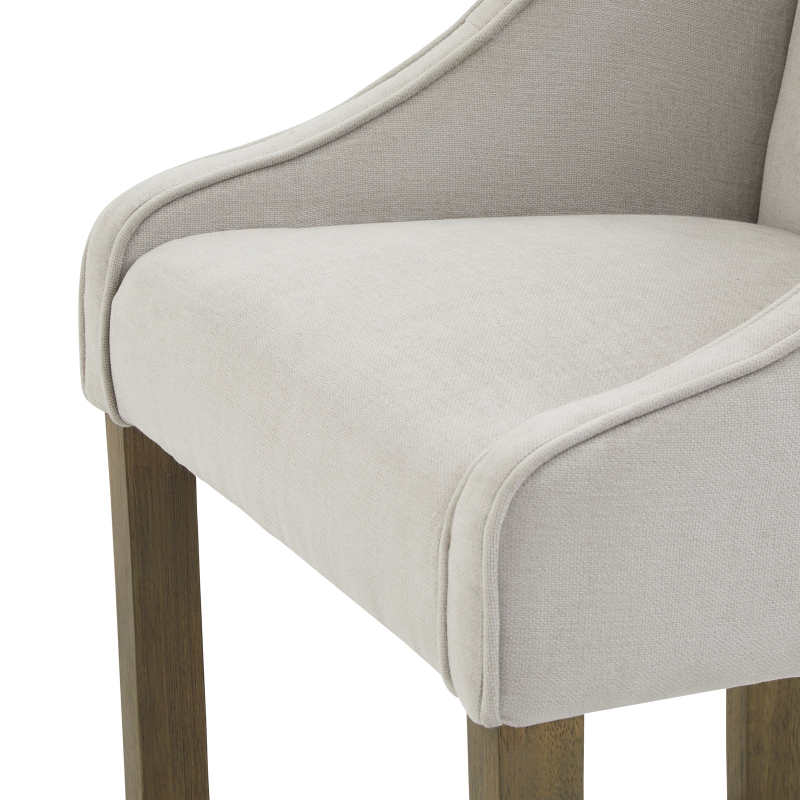 Grey upholstered Dine and Dwell Liverpool bar stool with fabric seat and wooden legs, modern design for kitchen or bar area.