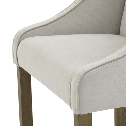 Grey upholstered Dine and Dwell Liverpool bar stool with fabric seat and wooden legs, modern design for kitchen or bar area.