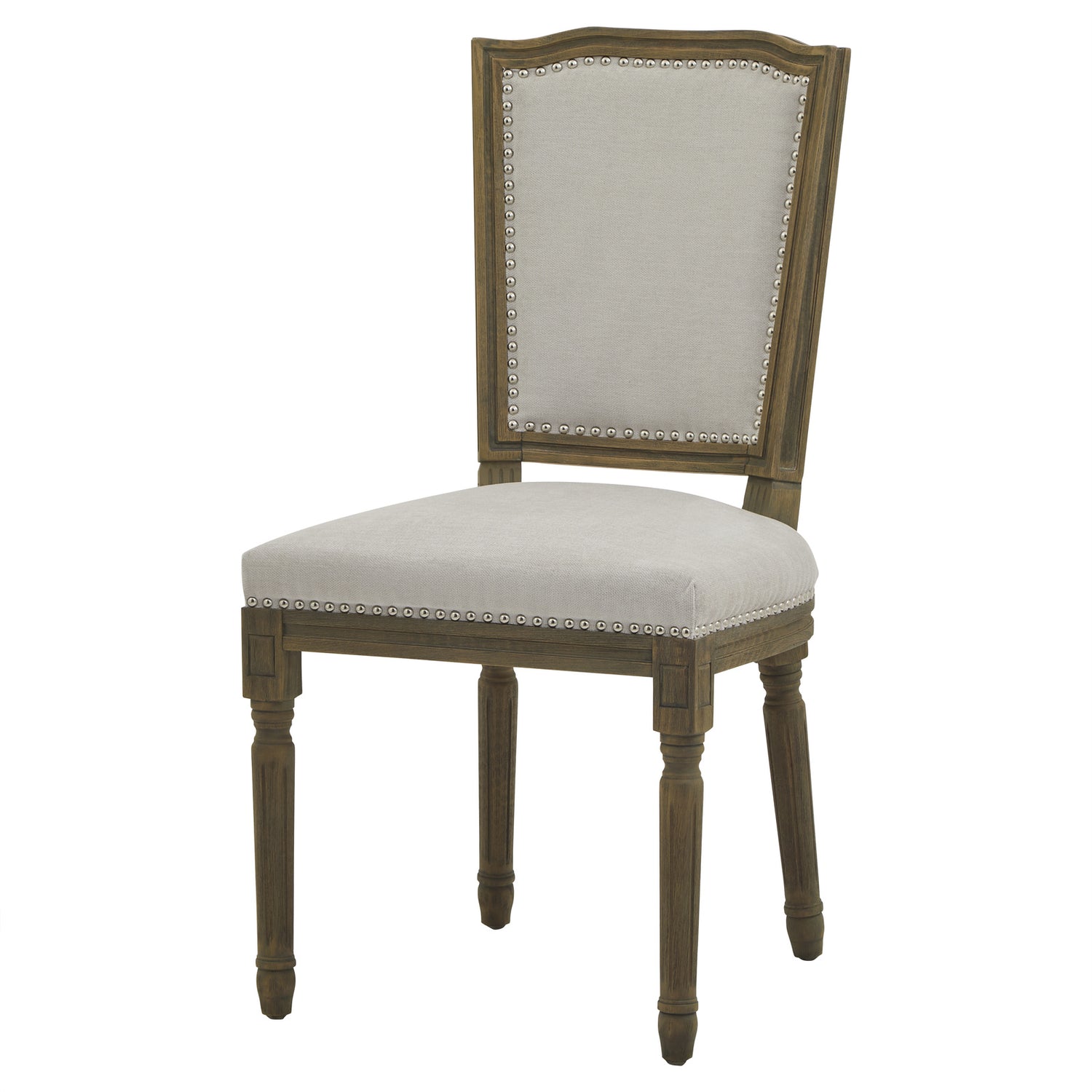 Grey upholstered Dine and Dwell Cambridge dining chair with wooden legs, shown from a side angle.