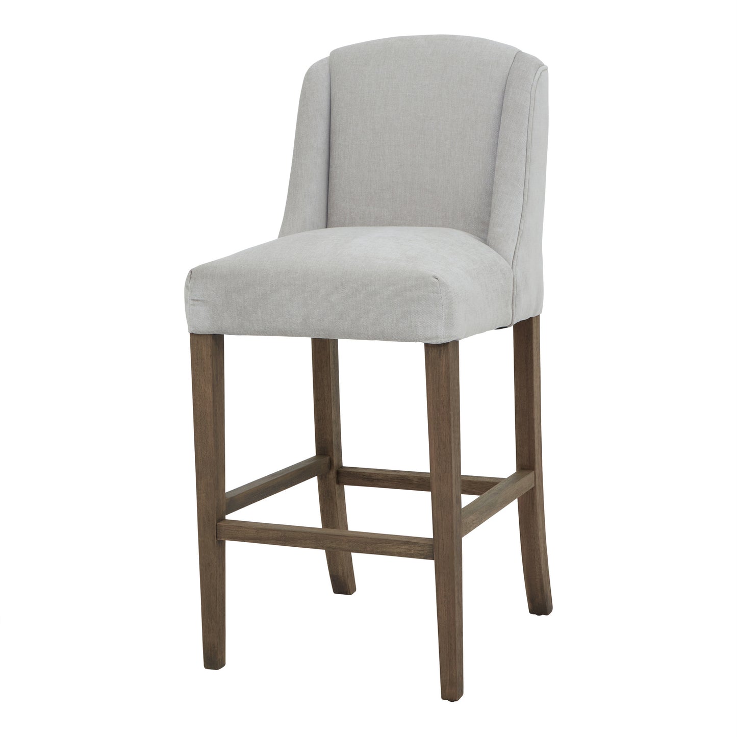 Grey upholstered Dine and Dwell Bristol bar stool with brown wood legs and modern design.