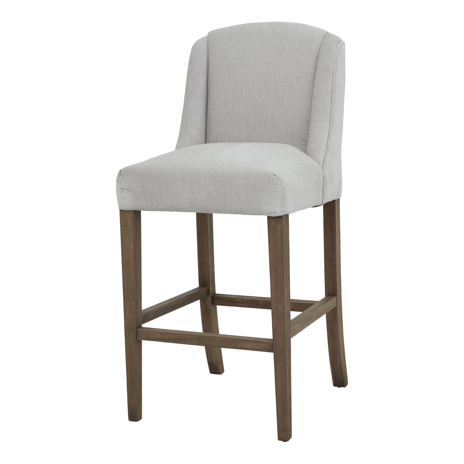 Grey upholstered Dine and Dwell Bristol bar stool with brown wood legs and modern design.