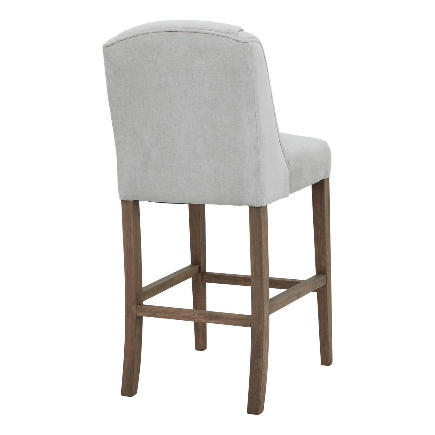Dine and Dwell Bristol bar stool with grey upholstered fabric seat and brown wooden legs, modern indoor furniture piece
