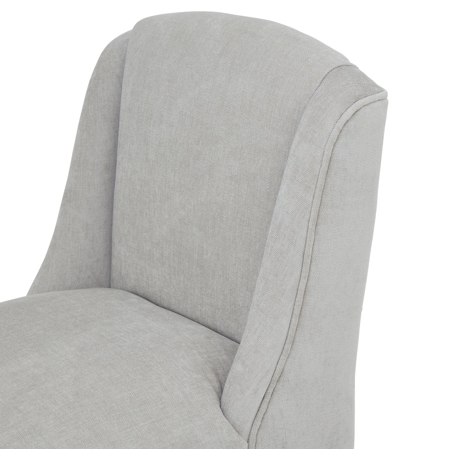 Dine and Dwell Bristol grey upholstered fabric and wood bar stool with a modern design and sturdy wooden legs.