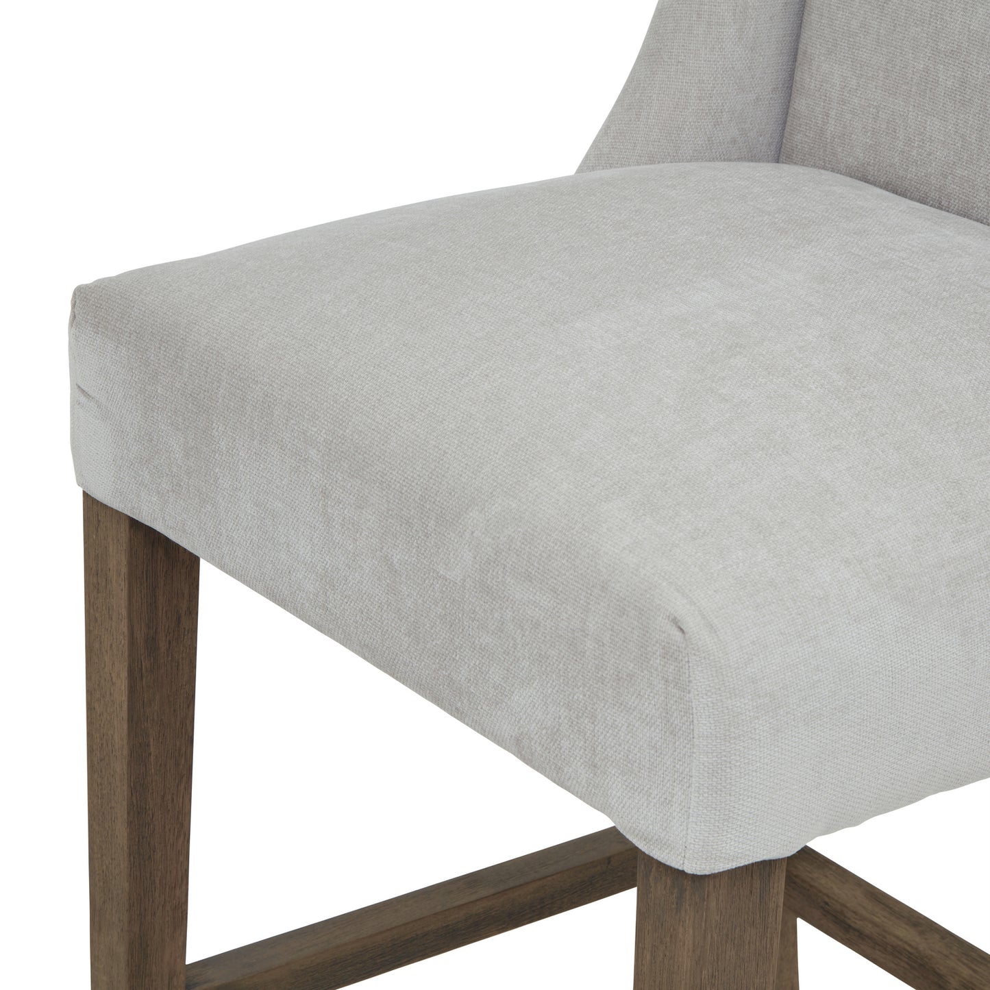 Grey upholstered Dine and Dwell Bristol bar stool with brown wooden legs, modern design and comfortable fabric seating.