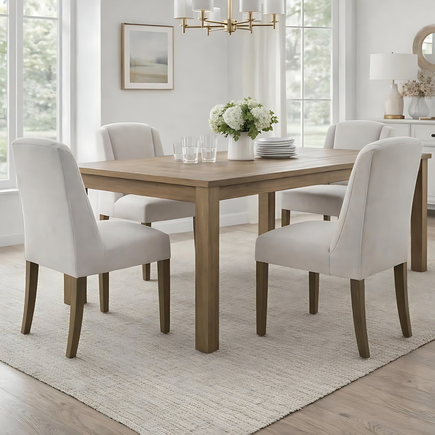 Grey upholstered Dine and Dwell Bristol Aspen dining chair with wooden legs, showcasing a modern, comfortable design.