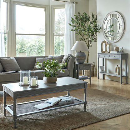 Grey washed wood Dine and Dwell Ledbury 2-drawer console table sideboard with sleek design and sturdy construction.