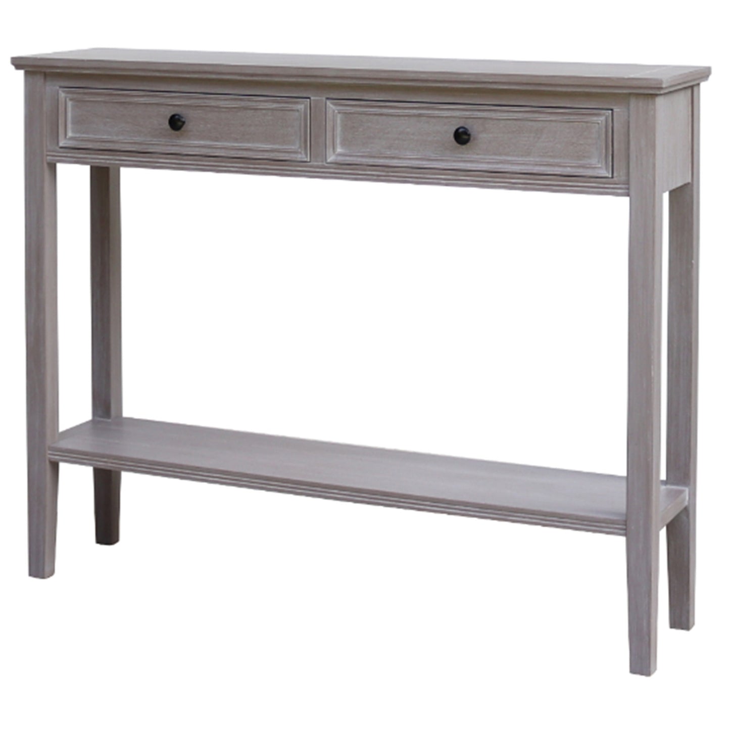 Dine and Dwell Ledbury grey washed wood sideboard with two drawers and sleek tabletop for modern living spaces.