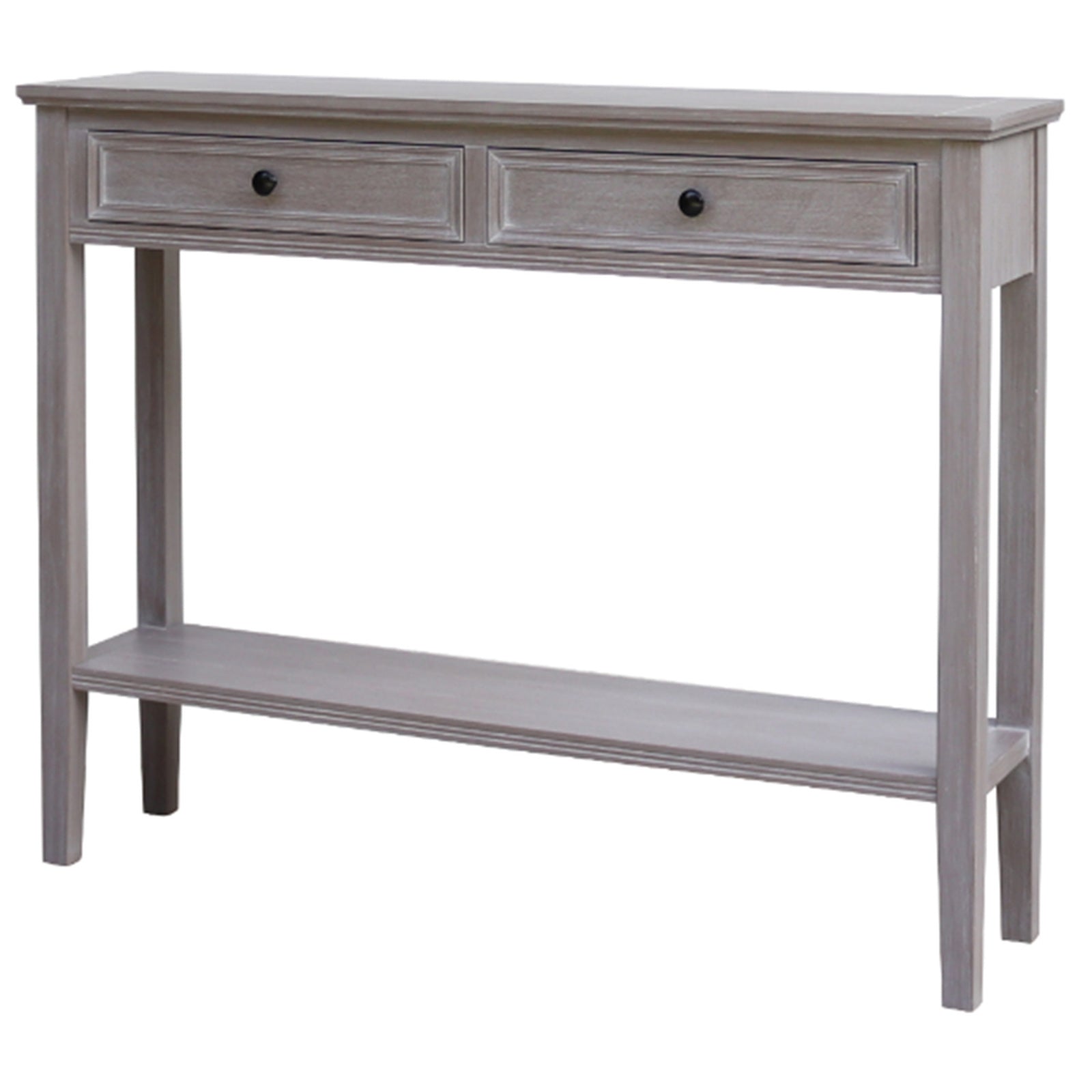 Dine and Dwell Ledbury grey washed wood sideboard with two drawers and sleek tabletop for modern living spaces.