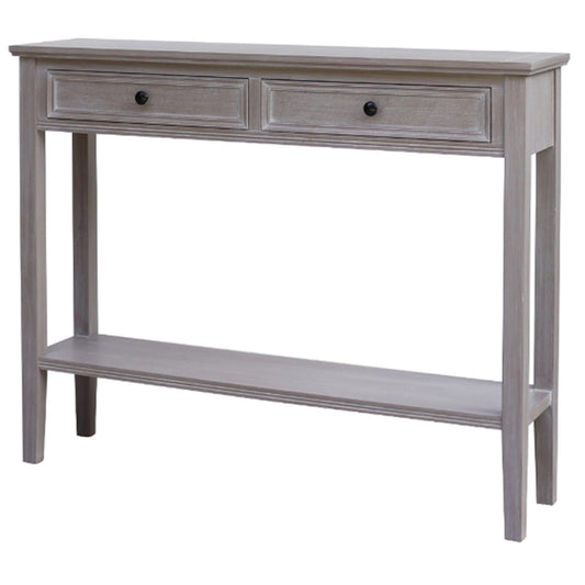 Dine and Dwell Ledbury grey washed wood sideboard with two drawers and sleek tabletop for modern living spaces.