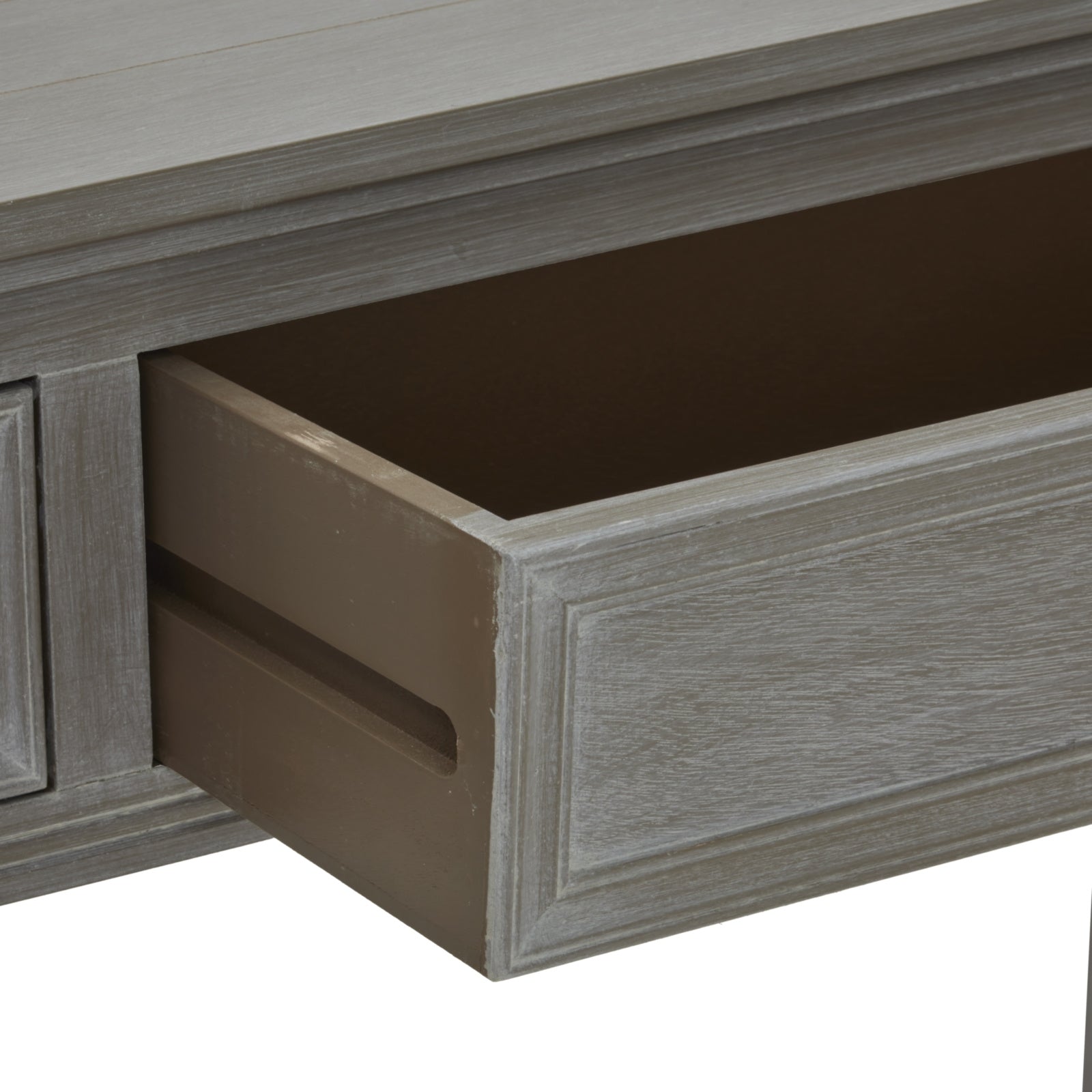 Dine and Dwell Ledbury grey washed wood sideboard with two drawers and sleek tabletop, modern console table design.