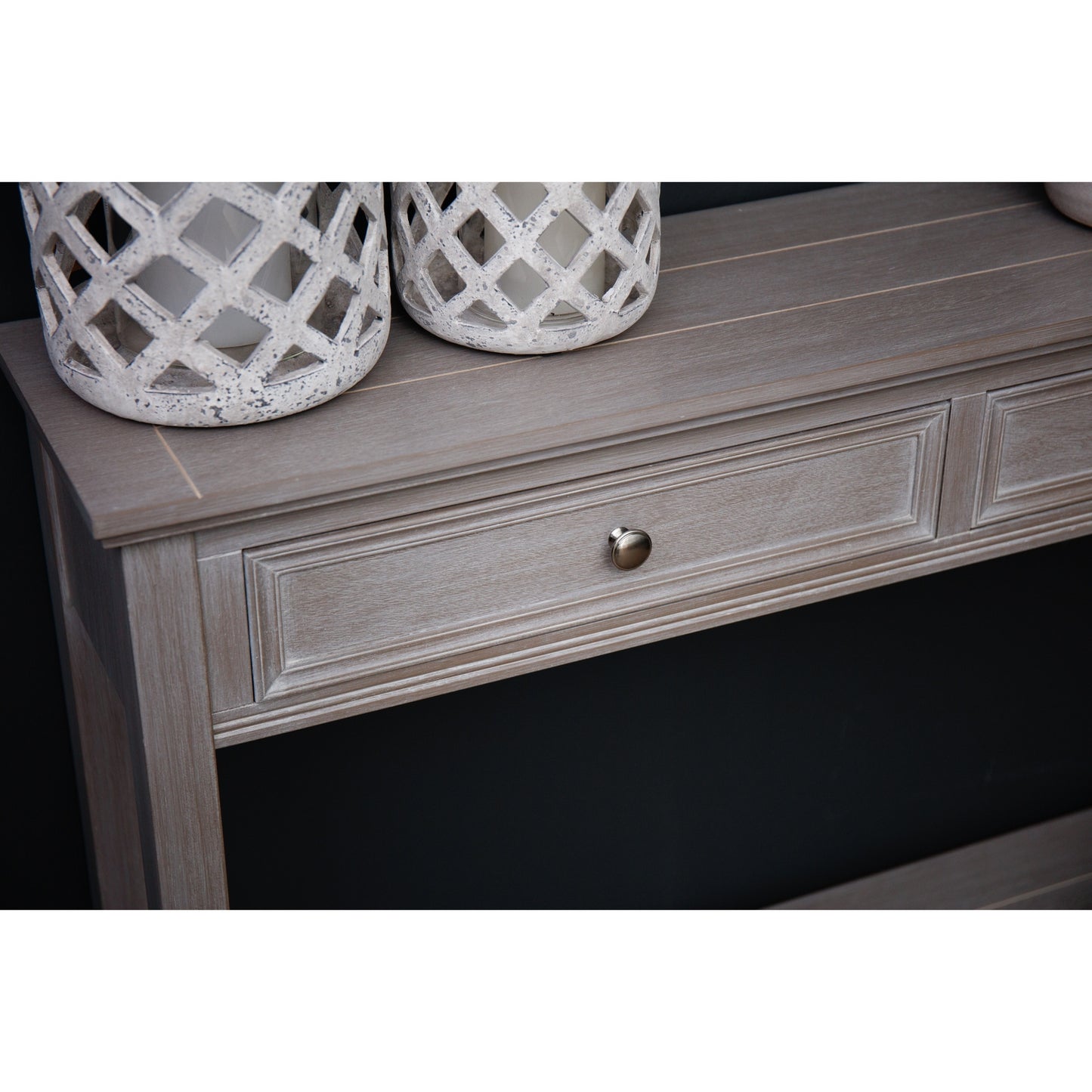 Dine and Dwell Ledbury grey washed wood sideboard with two drawers, modern console table for living or entryway decor.