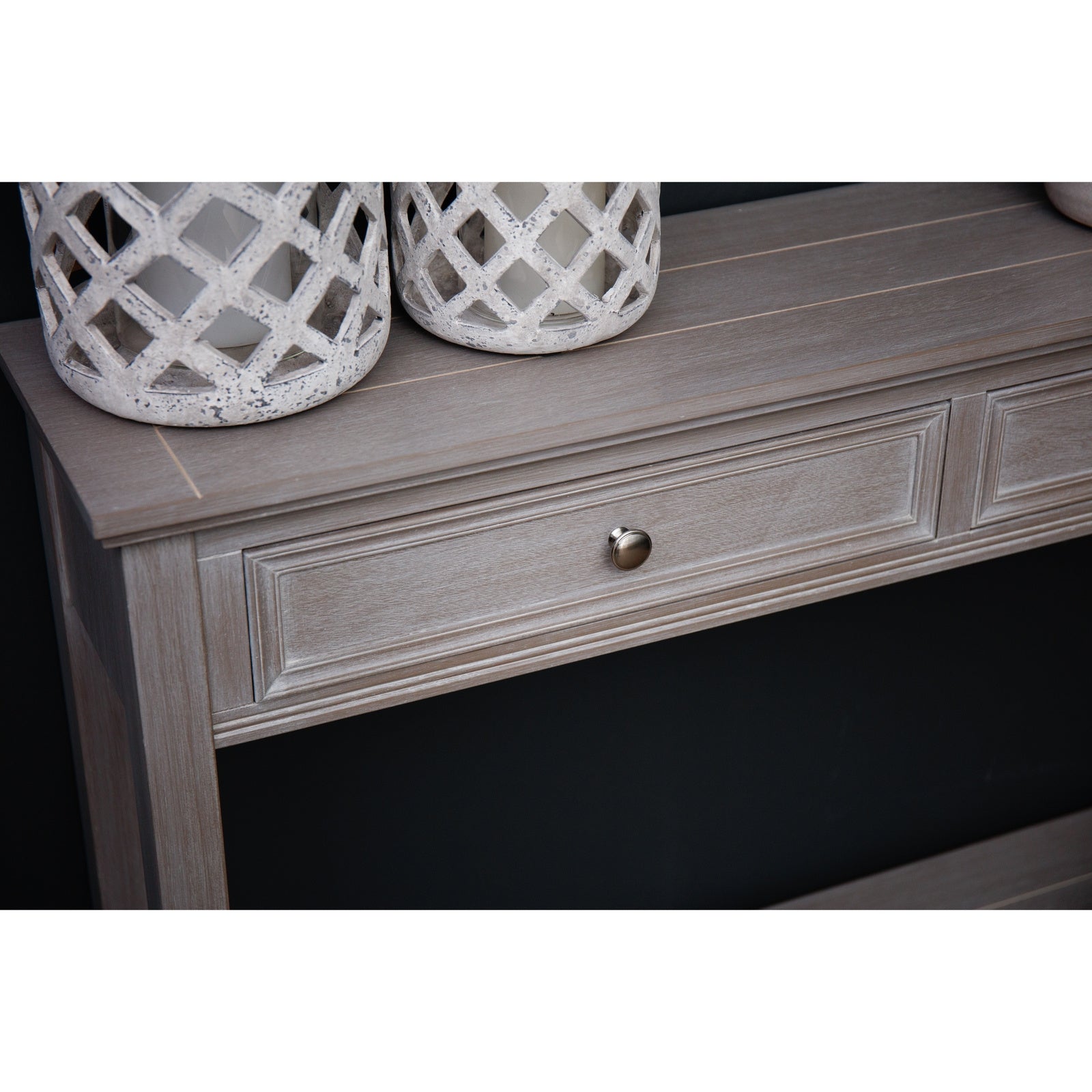 Dine and Dwell Ledbury grey washed wood sideboard with two drawers, modern console table for living or entryway decor.