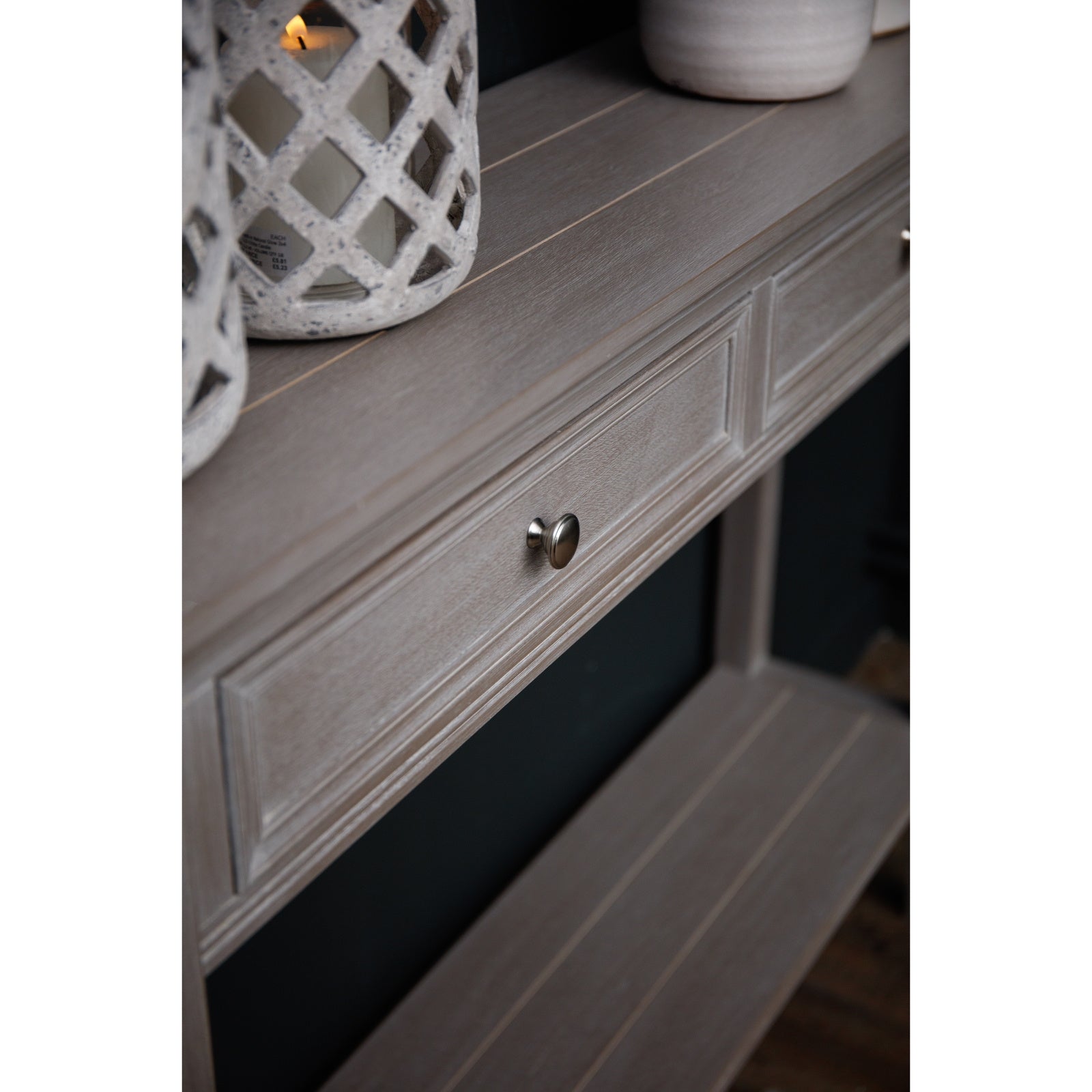 Dine and Dwell Ledbury grey washed wood sideboard with two drawers and modern design on a plain background.