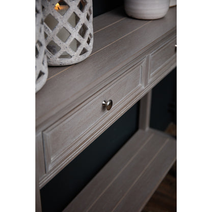Dine and Dwell Ledbury grey washed wood sideboard with two drawers and modern design on a plain background.
