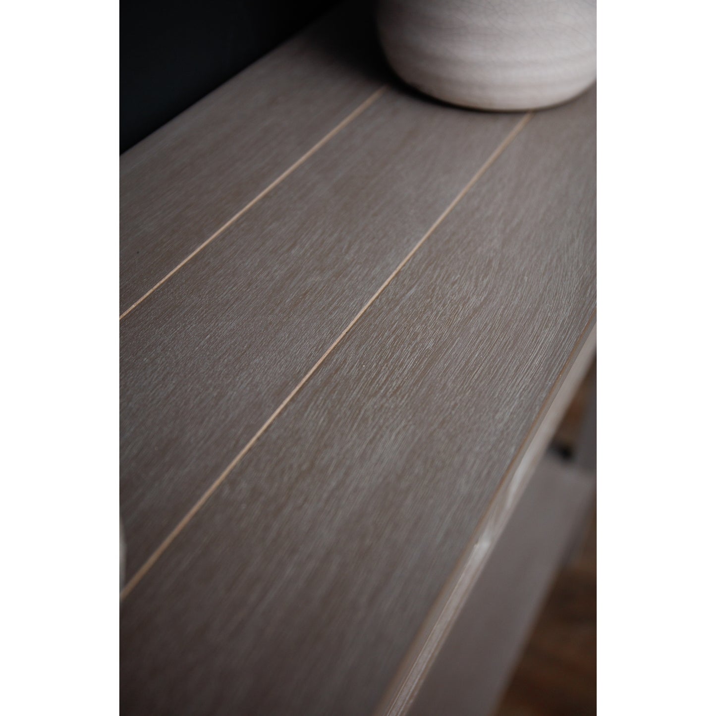Dine and Dwell Ledbury grey washed wood sideboard with two drawers, modern console table for living room or hallway storage.