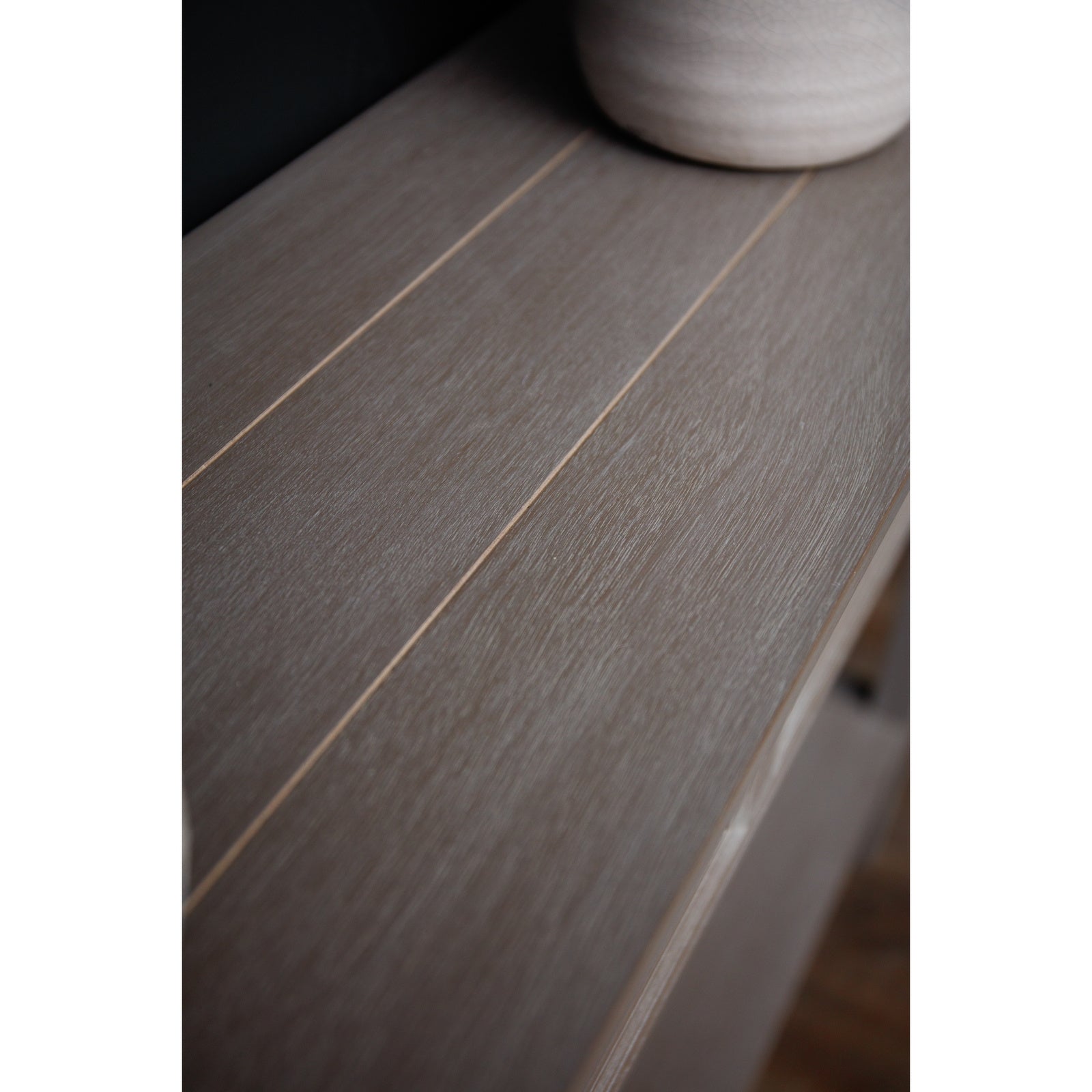 Dine and Dwell Ledbury grey washed wood sideboard with two drawers, modern console table for living room or hallway storage.