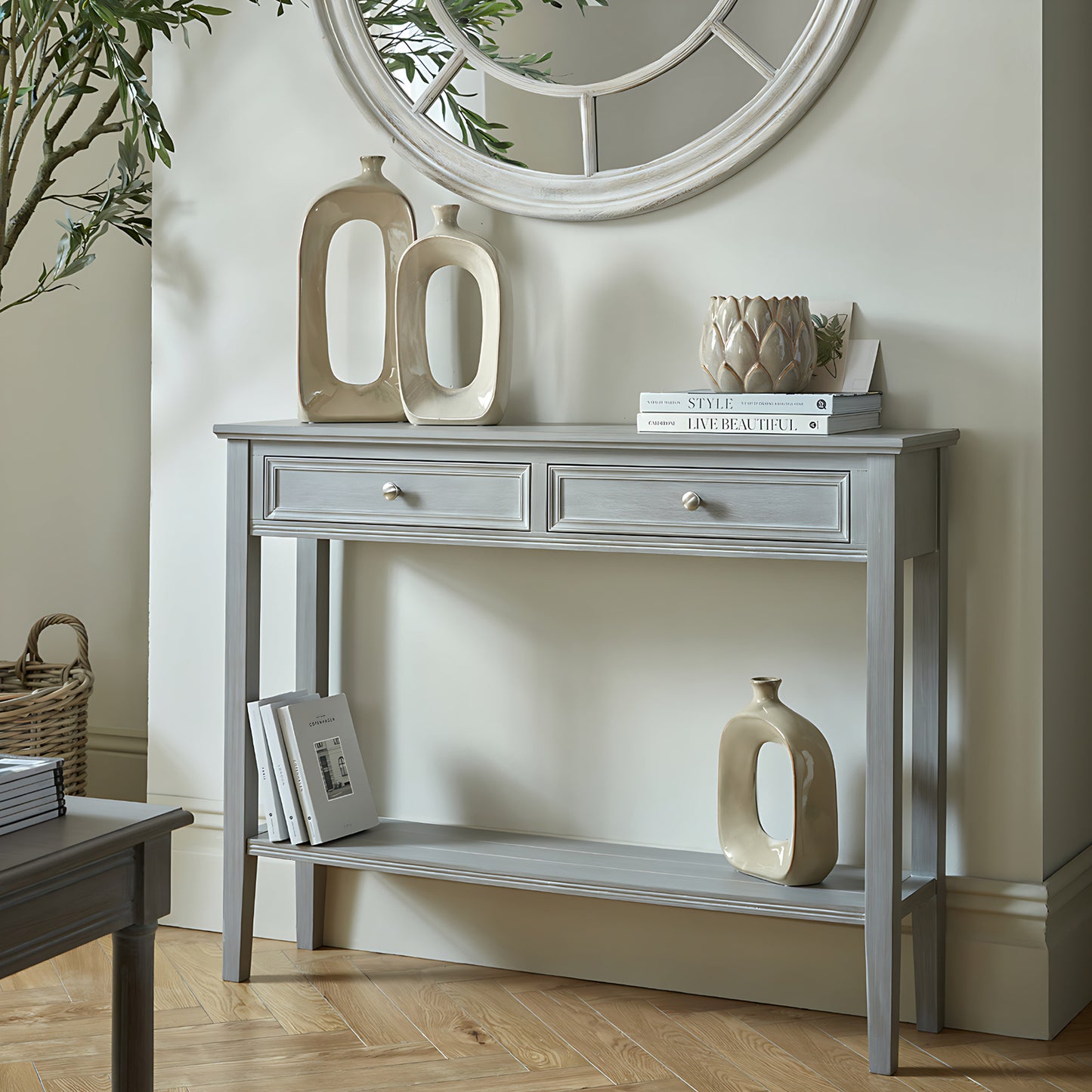 Dine and Dwell Ledbury grey washed wood sideboard with two drawers, modern console table for living room or hallway.