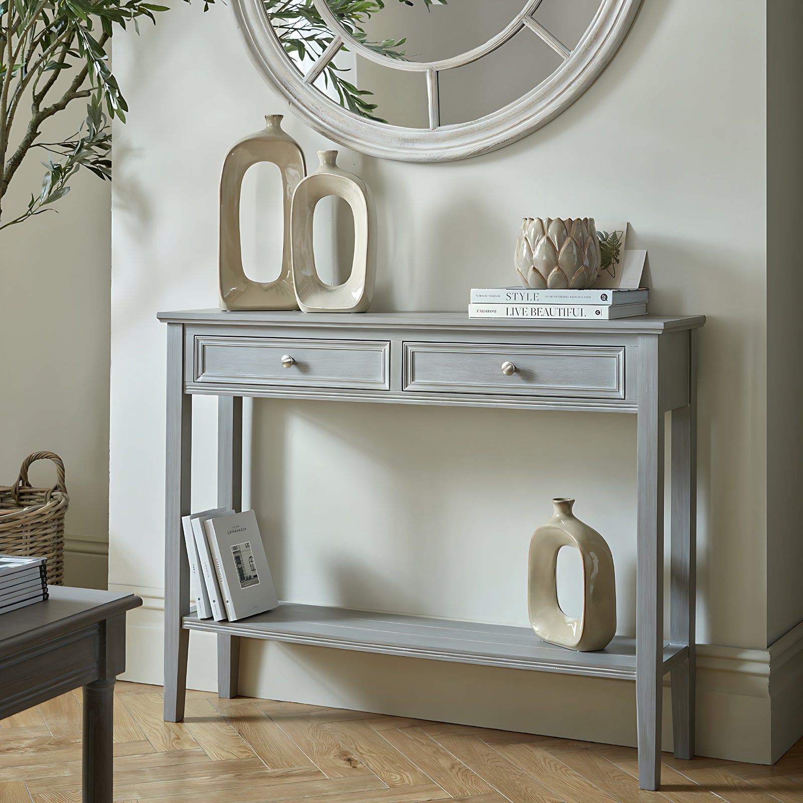 Dine and Dwell Ledbury grey washed wood sideboard with two drawers, modern console table for living room or hallway.