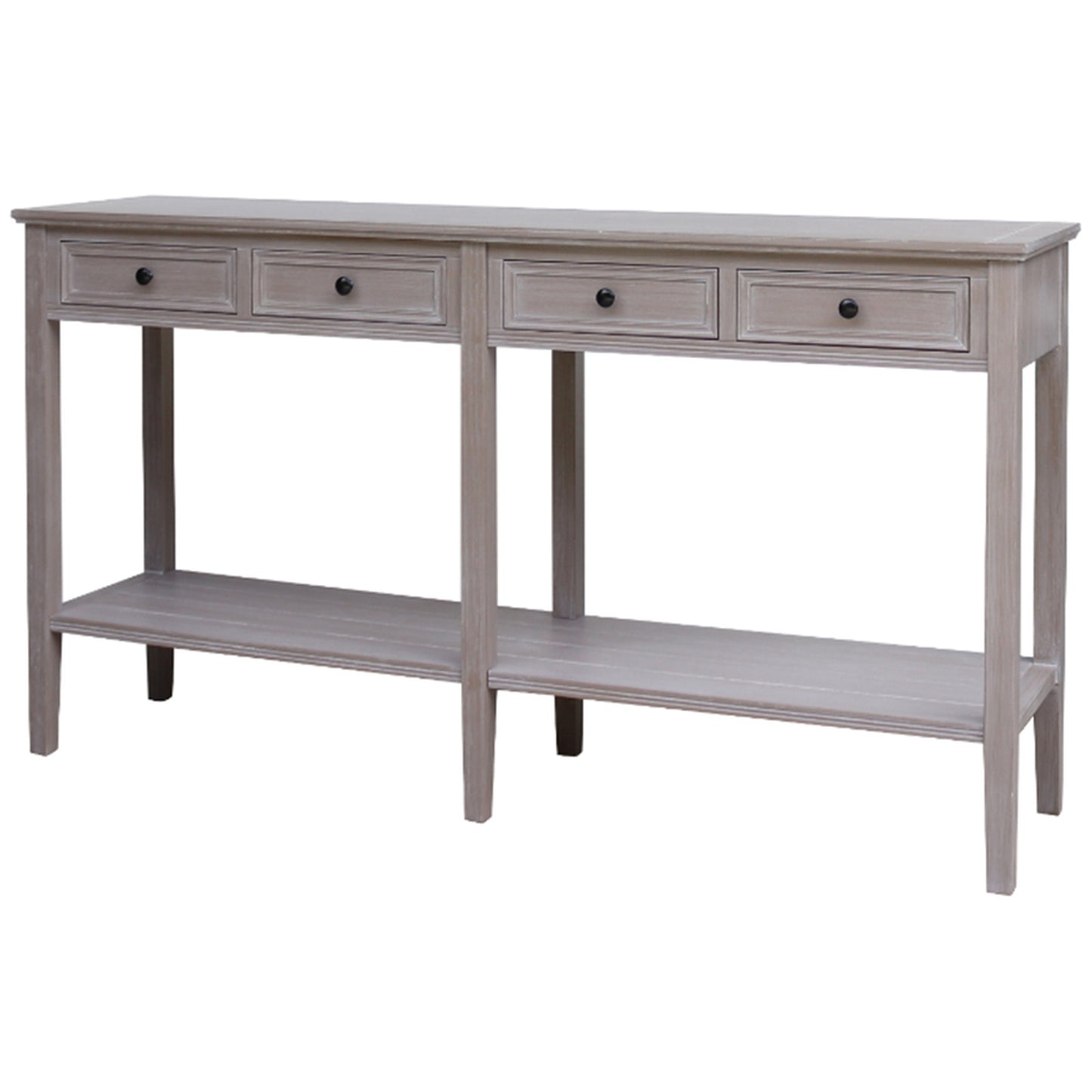 Dine and Dwell Ledbury grey distressed wood sideboard with four drawers, modern console table for living or dining room.