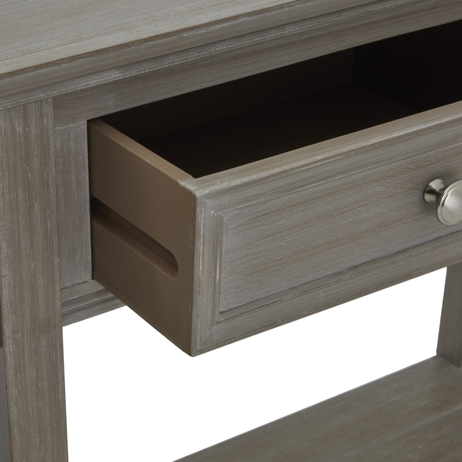 Dine and Dwell Ledbury grey distressed wood sideboard with four drawers and sleek modern design.