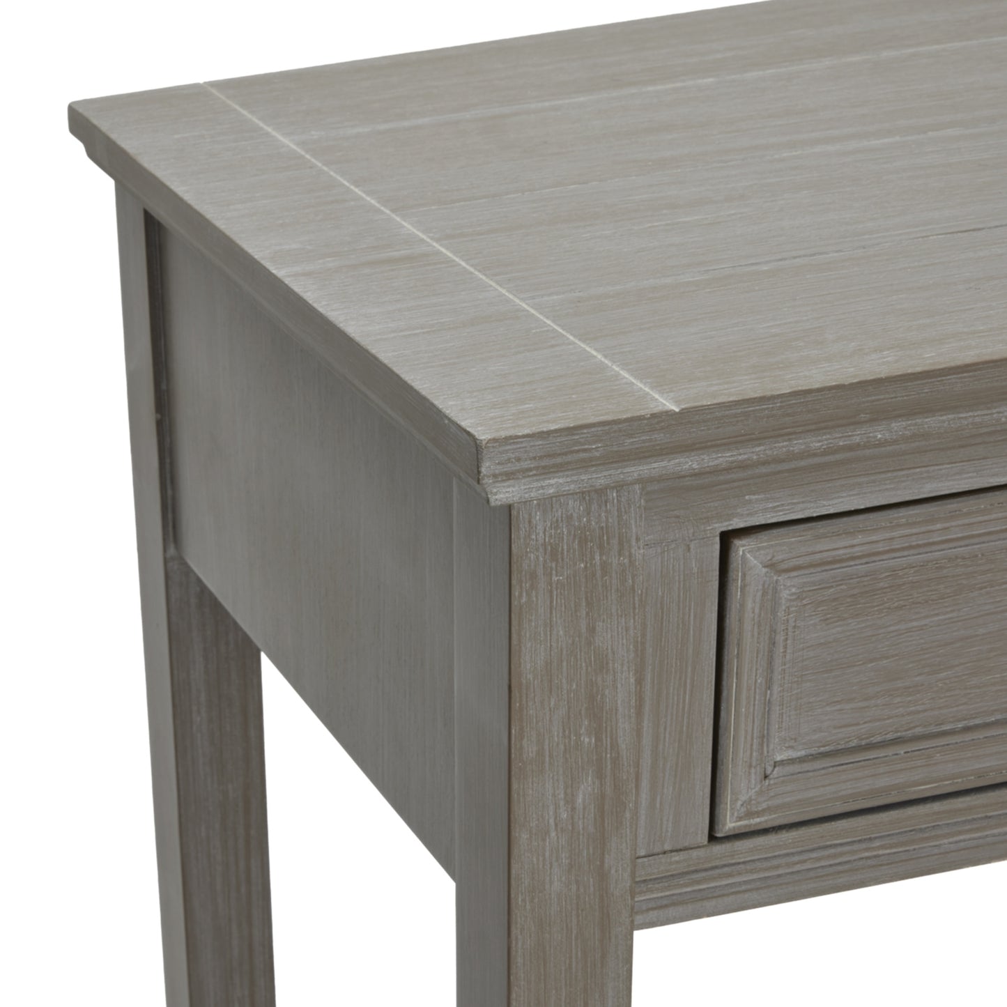 Dine and Dwell Ledbury grey distressed wood sideboard with 4 drawers and sleek tabletop, ideal for living or dining rooms.