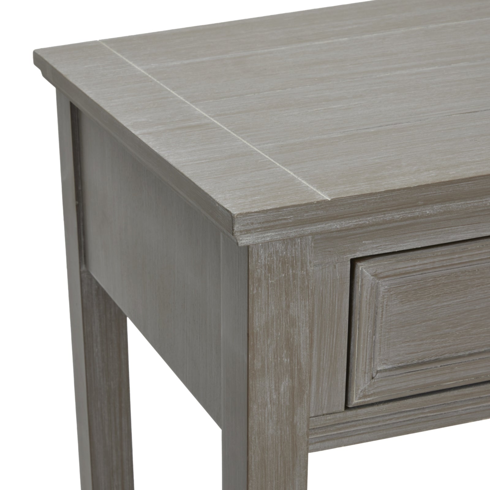 Dine and Dwell Ledbury grey distressed wood sideboard with 4 drawers and sleek tabletop, ideal for living or dining rooms.