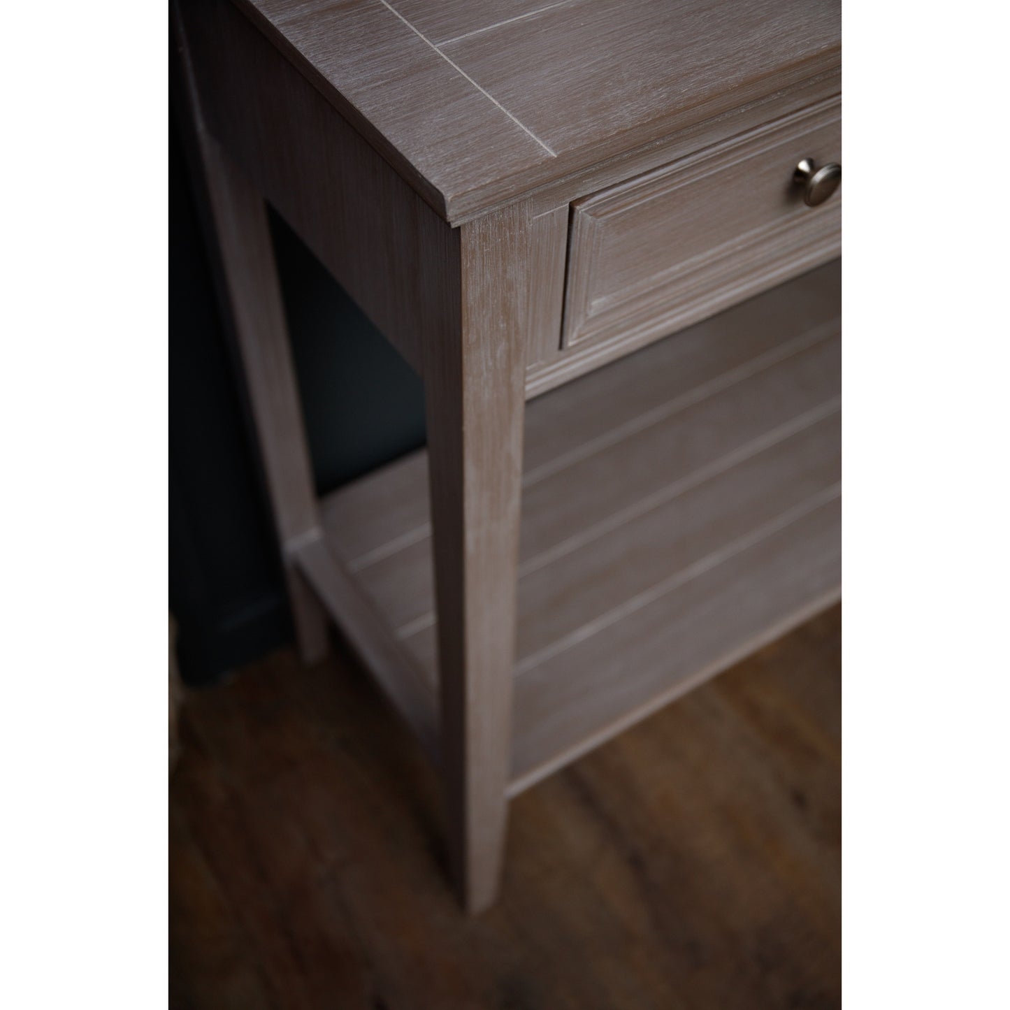 Dine and Dwell Ledbury grey distressed wood sideboard with four drawers and sleek metal handles for stylish storage.