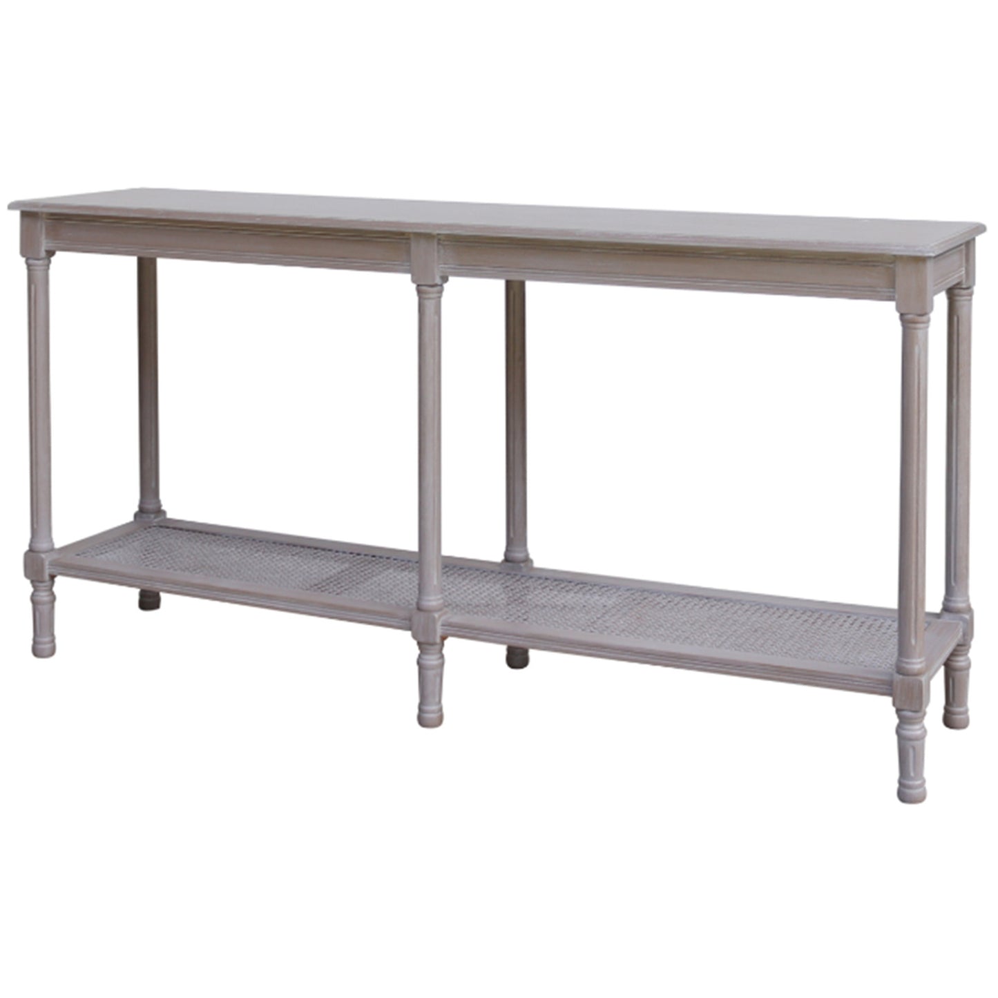 Dine and Dwell Ledbury large rattan sideboard with grey washed wood finish, featuring a stylish console table design.