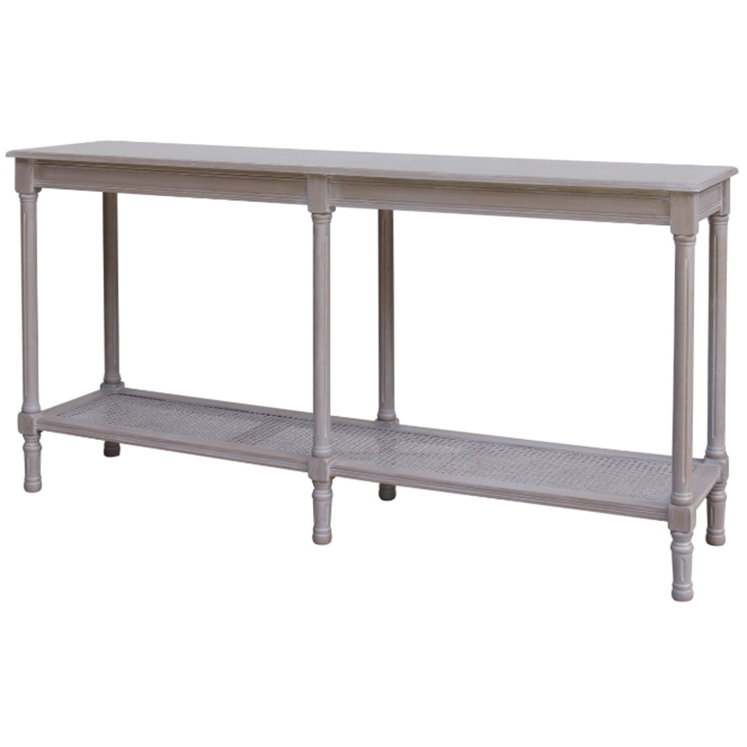 Dine and Dwell Ledbury large rattan sideboard with grey washed wood finish, featuring a stylish console table design.
