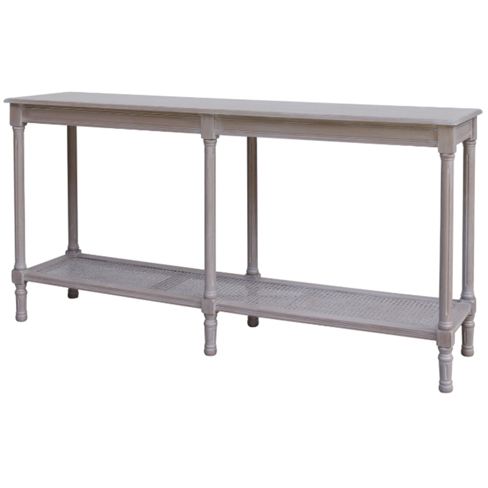 Dine and Dwell Ledbury large rattan sideboard with grey washed wood finish, featuring a stylish console table design.