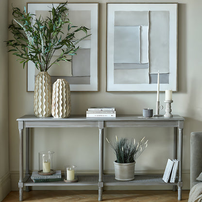 Dine and Dwell Ledbury large rattan console table in grey washed wood with a sideboard design and woven rattan details.