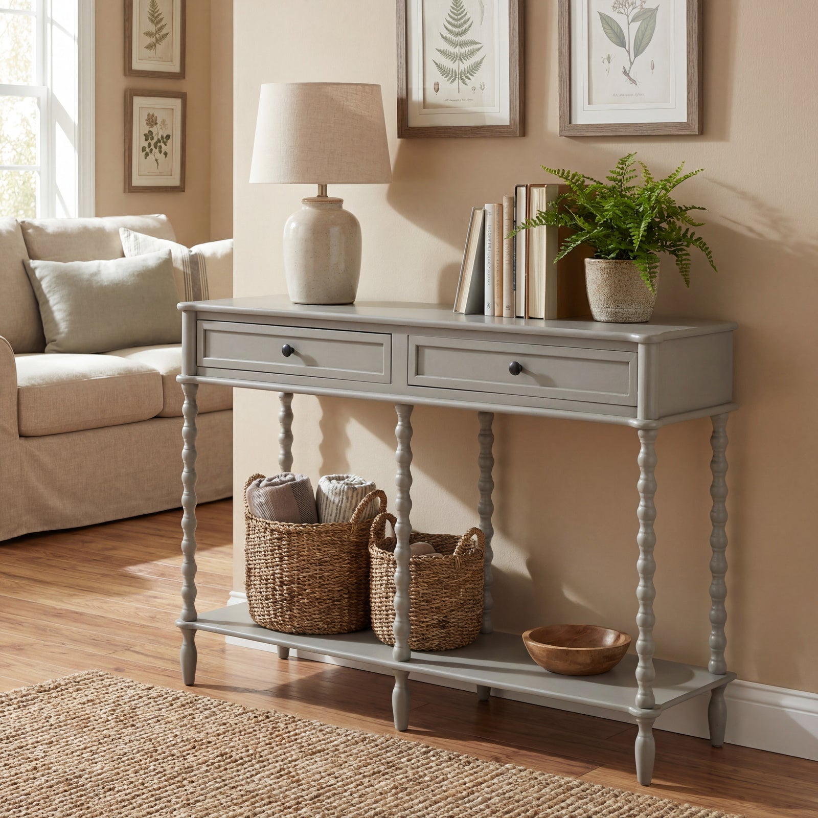 Dine and Dwell Lavenham large brown solid wood sideboard with two drawers, showcasing a stylish console table design.