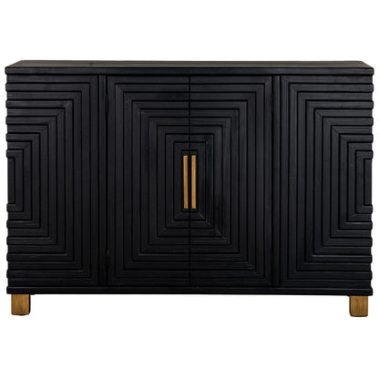 Dine and Dwell Lincoln black wood 2-door sideboard with sleek modern design and metal handles on a plain background.