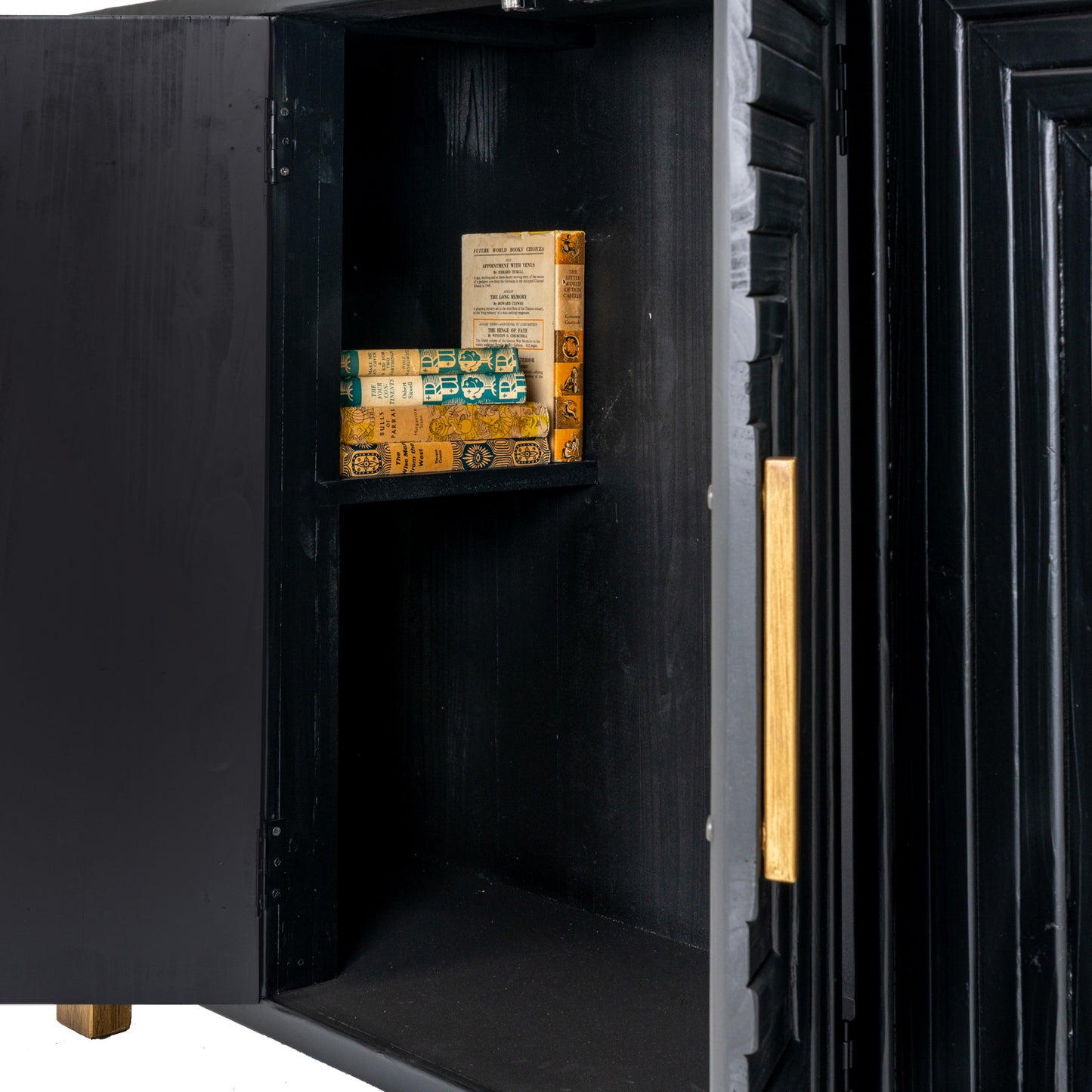 Black Dine and Dwell Lincoln 2-door sideboard with wooden finish, featuring sleek design and storage compartments.
